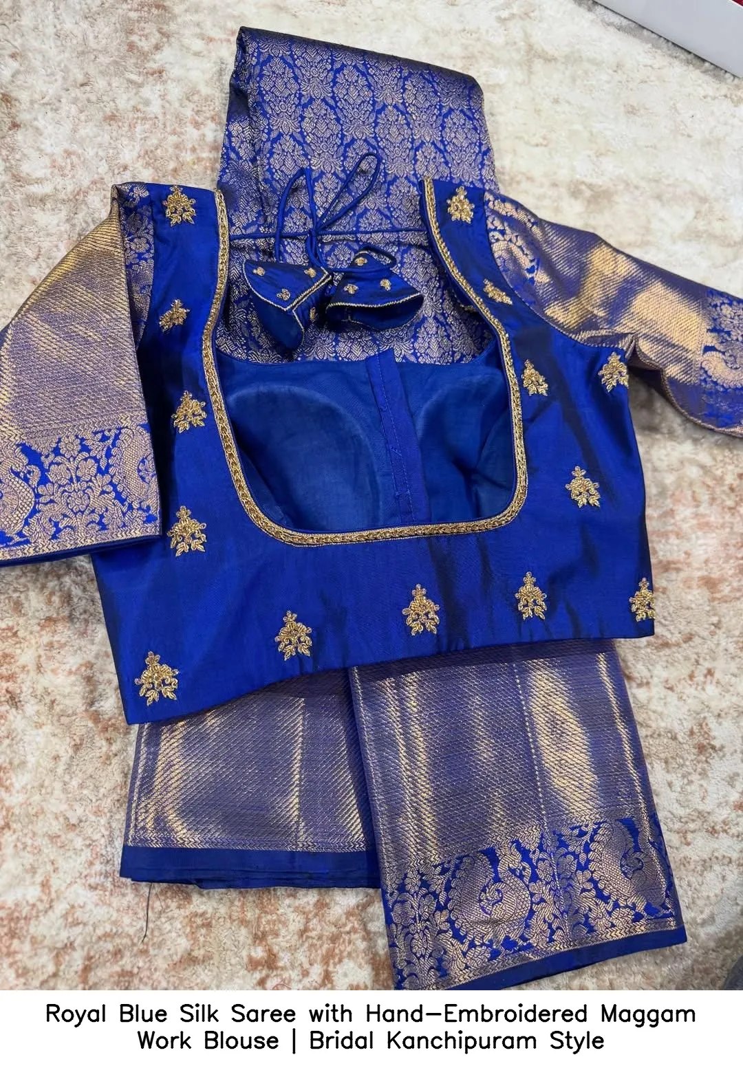 Royal Blue Silk Saree with Hand-Embroidered Maggam Work Blouse | Bridal Kanchipuram Style