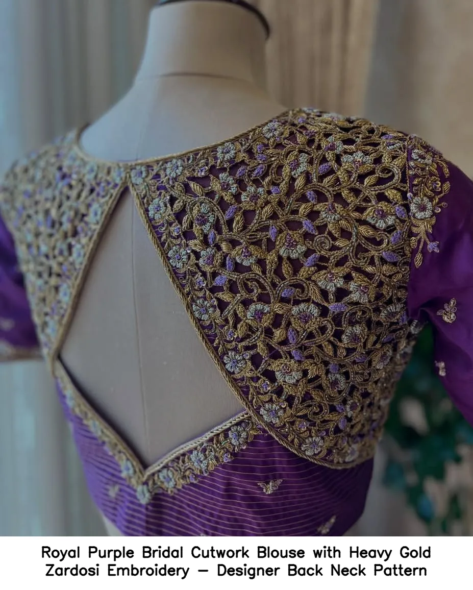 Royal Purple Bridal Cutwork Blouse with Heavy Gold Zardosi Embroidery - Designer Back Neck Pattern