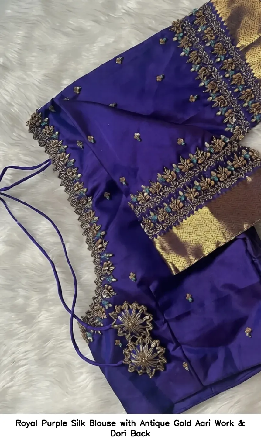 Royal Purple Silk Blouse with Antique Gold Aari Work & Dori Back