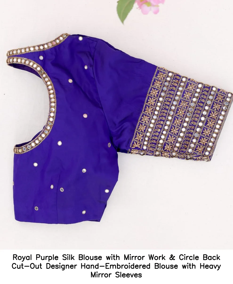 Royal Purple Silk Blouse with Mirror Work & Circle Back Cut-Out – Designer Hand-Embroidered Blouse with Heavy Mirror Sleeves - Image 2