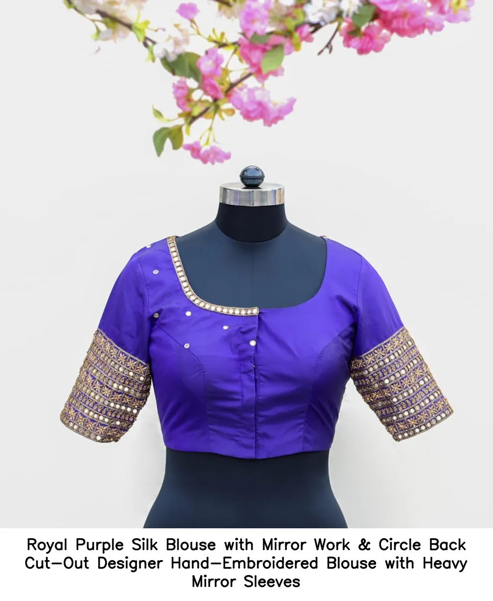 Royal Purple Silk Blouse with Mirror Work & Circle Back Cut-Out – Designer Hand-Embroidered Blouse with Heavy Mirror Sleeves - Image 3
