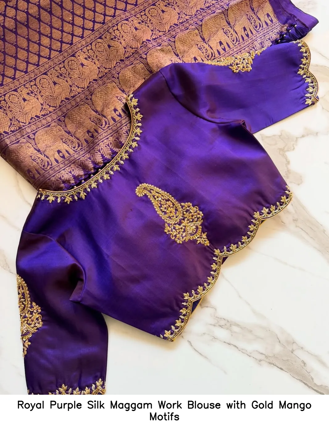 Royal Purple Silk Maggam Work Blouse with Gold Mango Motifs
