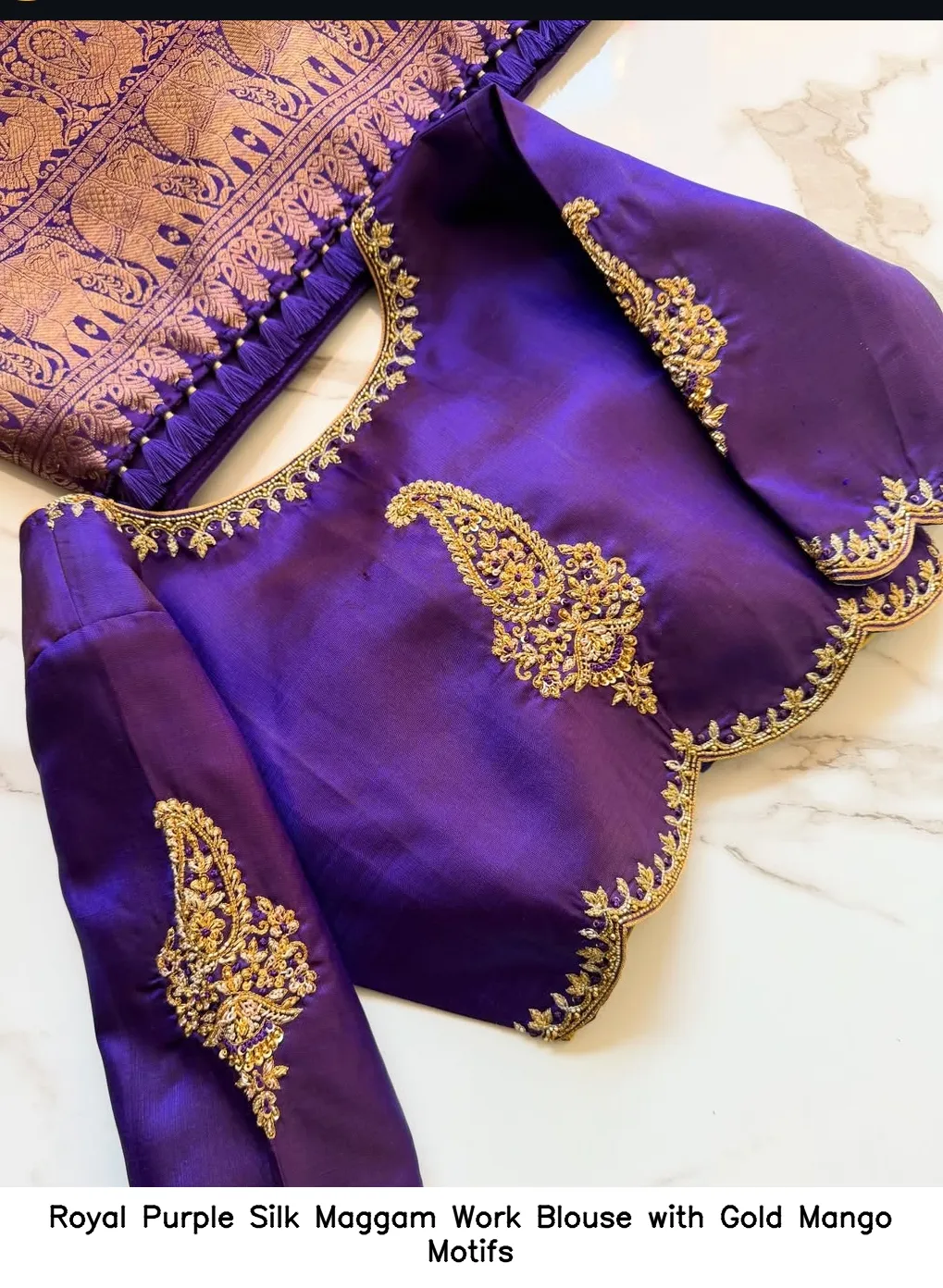Royal Purple Silk Maggam Work Blouse with Gold Mango Motifs