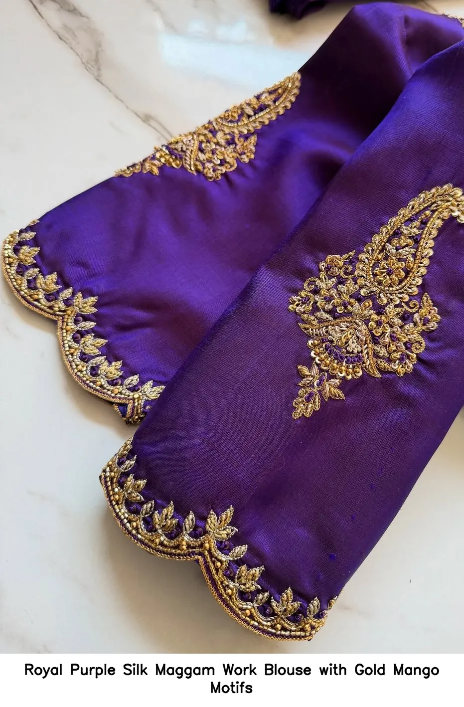 Royal Purple Silk Maggam Work Blouse with Gold Mango Motifs