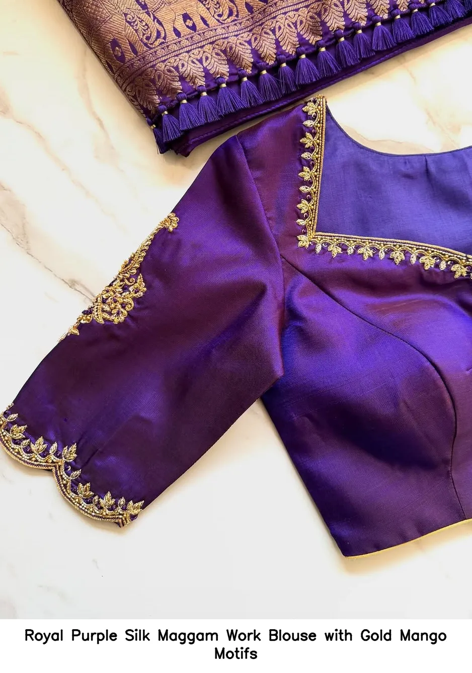 Royal Purple Silk Maggam Work Blouse with Gold Mango Motifs
