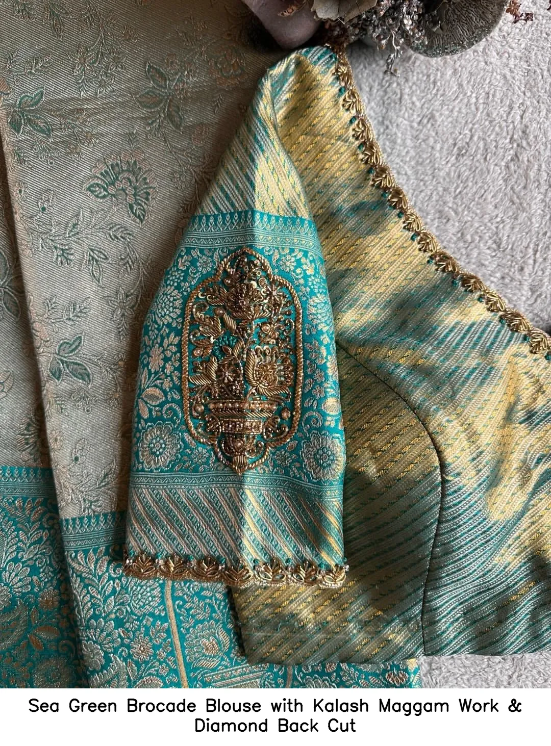 Sea Green Brocade Blouse with Kalash Maggam Work & Diamond Back Cut