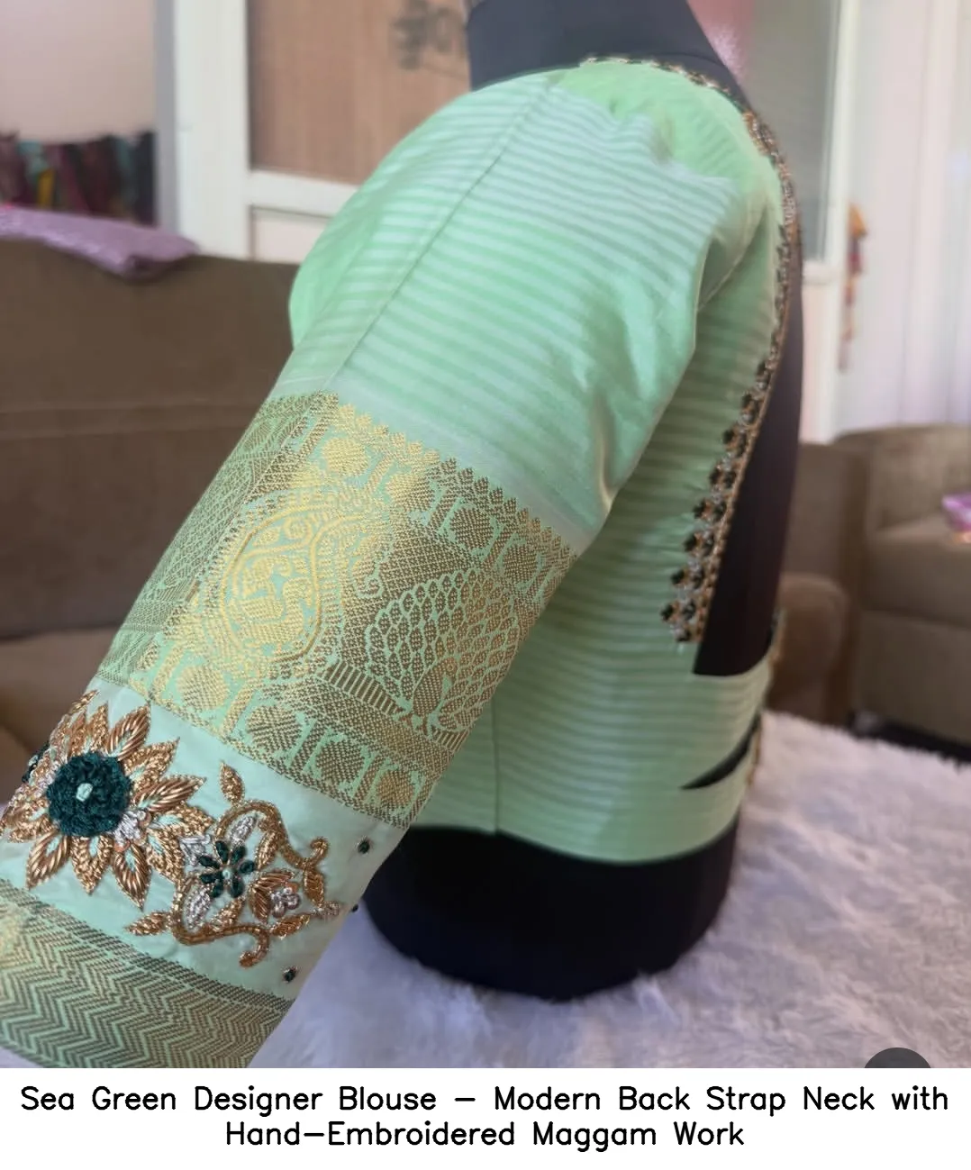 Sea Green Designer Blouse - Modern Back Strap Neck with Hand-Embroidered Maggam Work