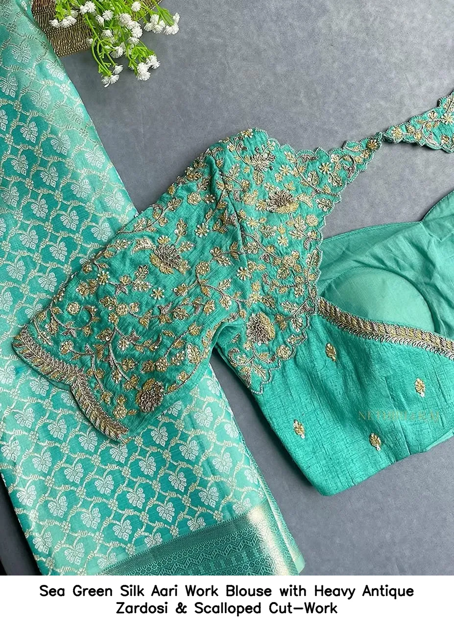 Sea Green Silk Aari Work Blouse with Heavy Antique Zardosi & Scalloped Cut-Work
