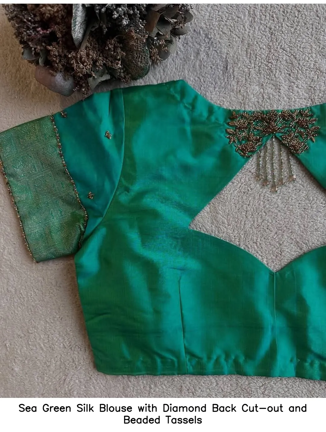 Sea Green Silk Blouse with Diamond Back Cut-out and Beaded Tassels