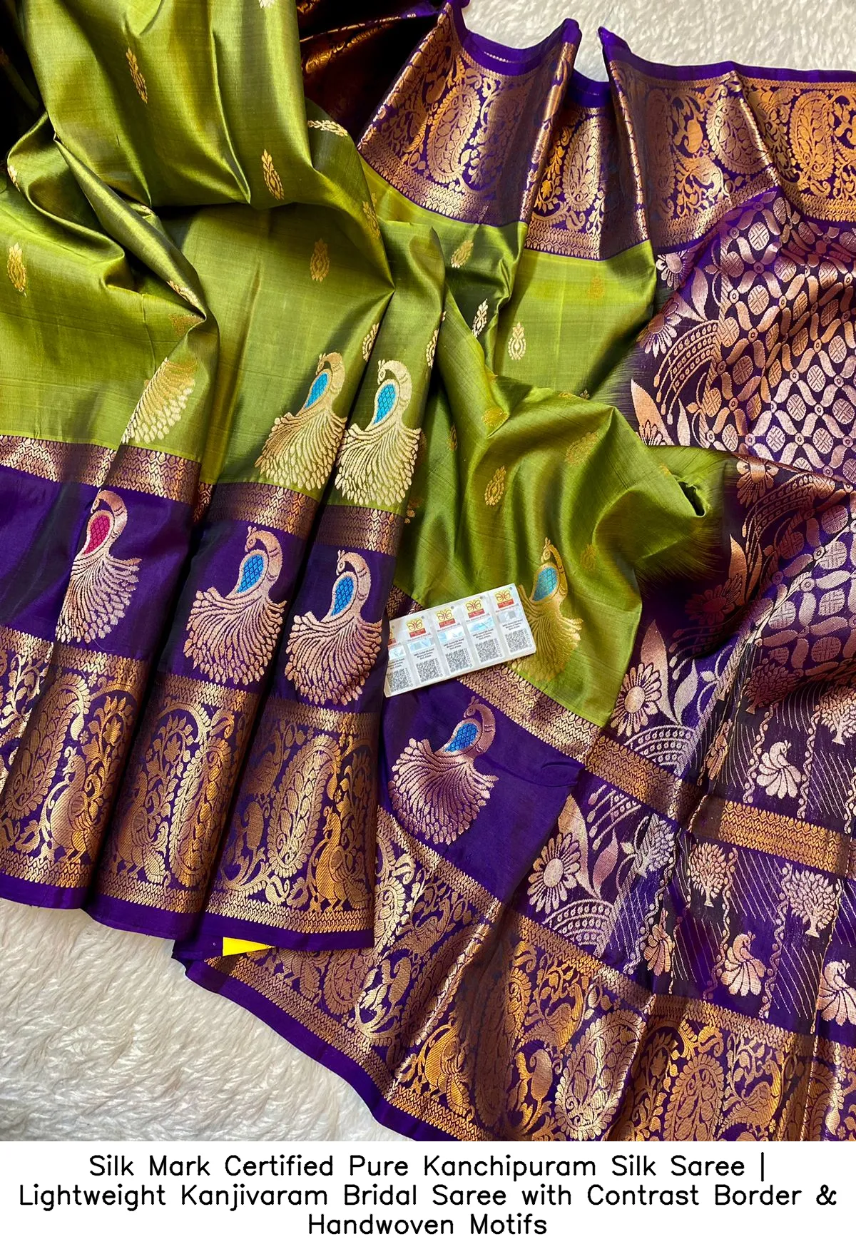 Silk Mark Certified Pure Kanchipuram Silk Saree | Lightweight Kanjivaram Bridal Saree with Contrast Border & Handwoven Motifs