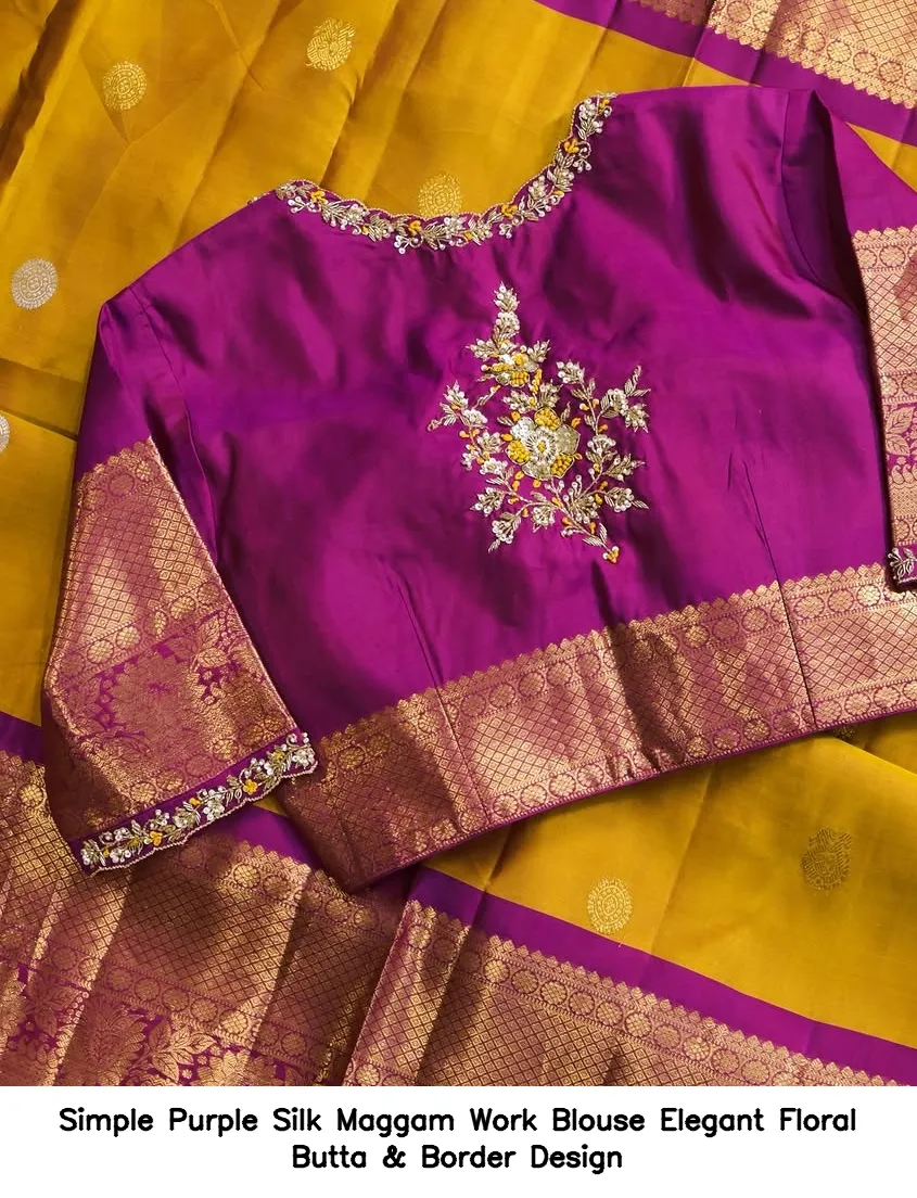 Simple Purple Silk Maggam Work Blouse – Elegant Floral Butta & Border Design