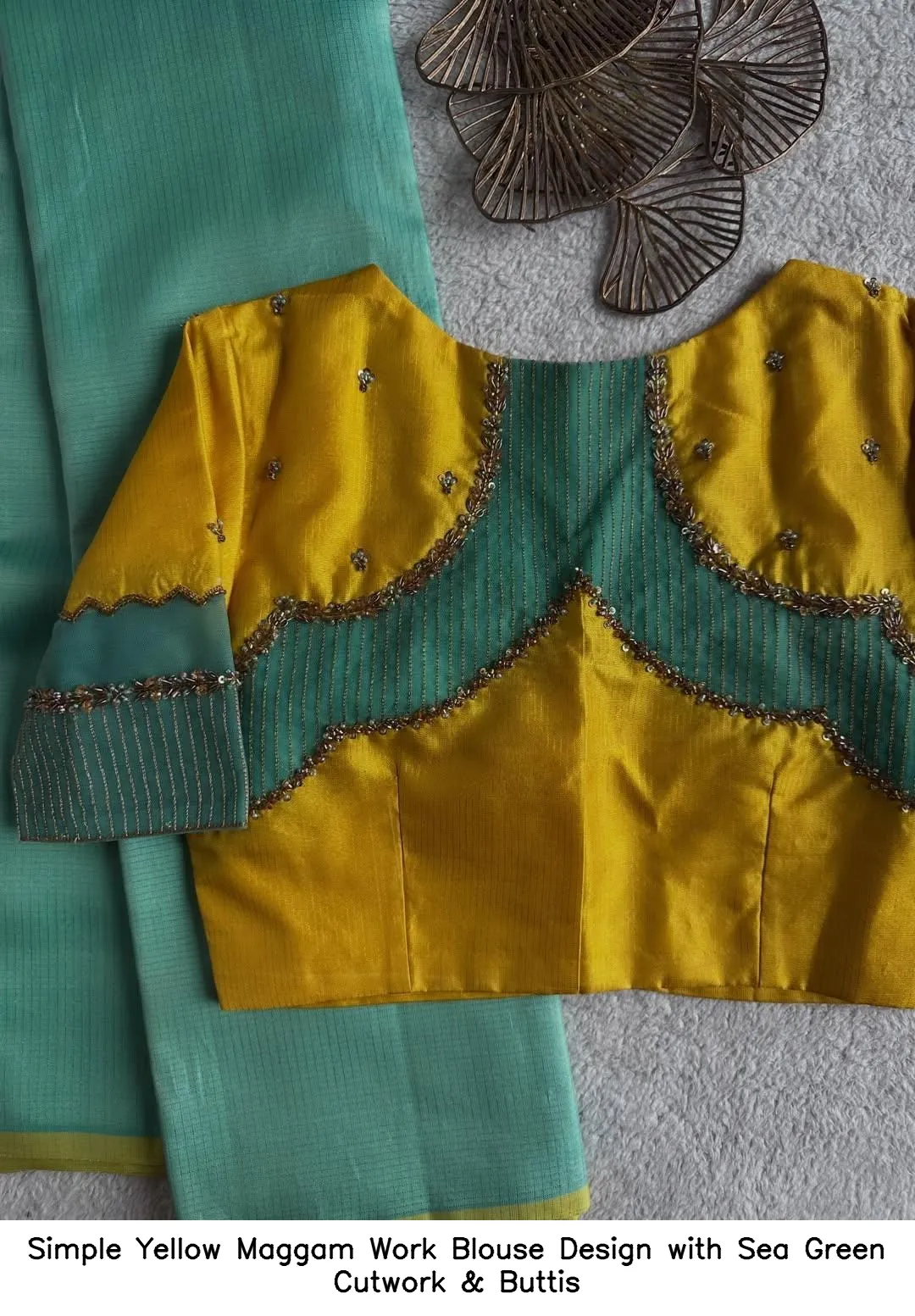 Simple Yellow Maggam Work Blouse Design with Sea Green Cutwork & Buttis