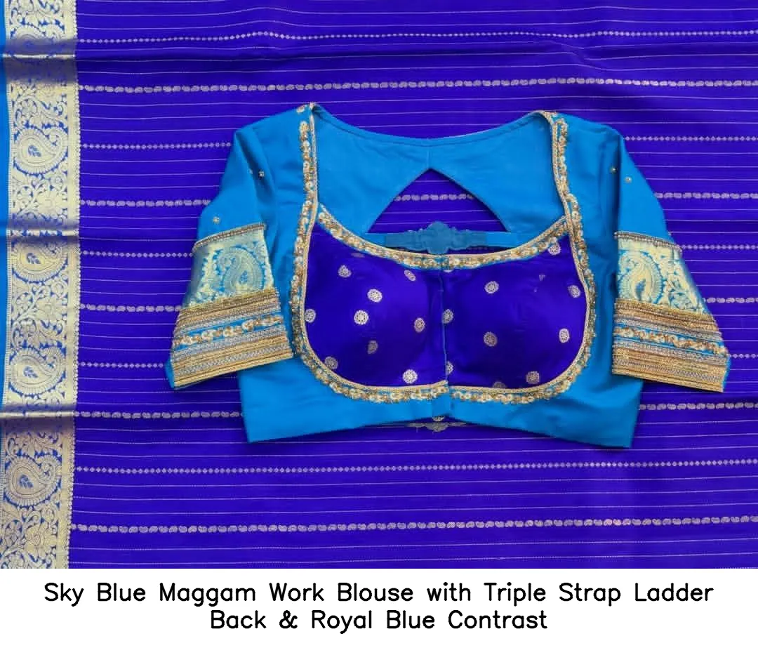 Sky Blue Maggam Work Blouse with Triple Strap Ladder Back & Royal Blue Contrast