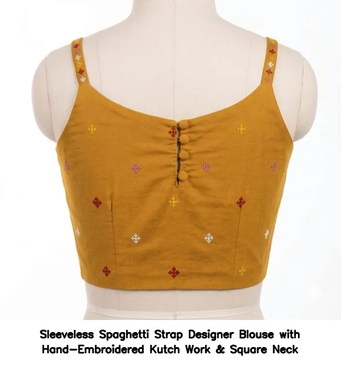 Sleeveless Spaghetti Strap Designer Blouse with Hand-Embroidered Kutch Work & Square Neck