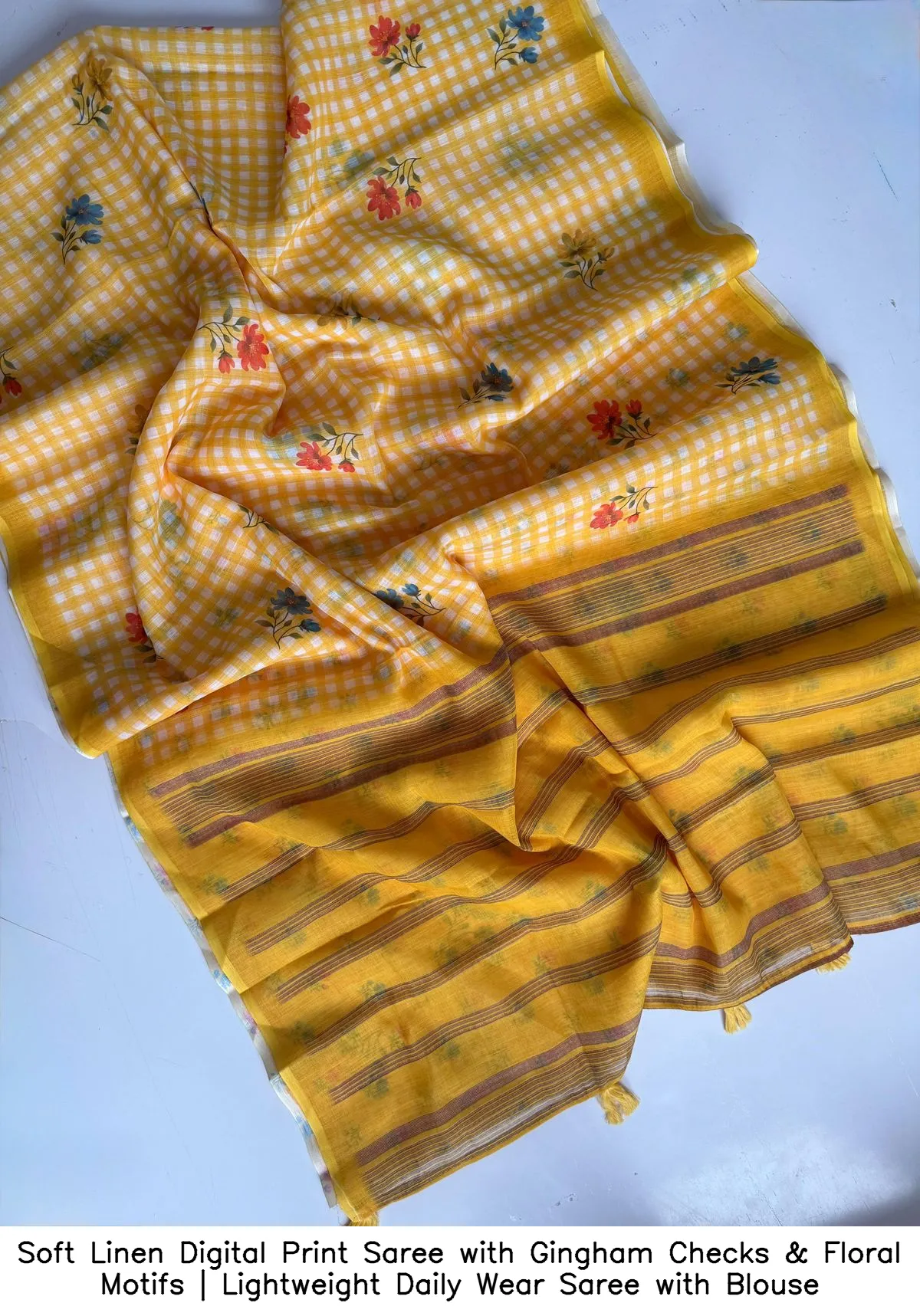 Soft Linen Digital Print Saree with Gingham Checks & Floral Motifs | Lightweight Daily Wear Saree with Blouse