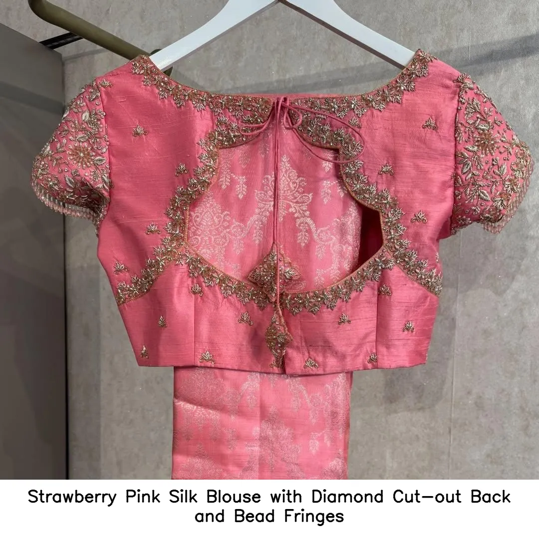 Strawberry Pink Silk Blouse with Diamond Cut-out Back and Bead Fringes