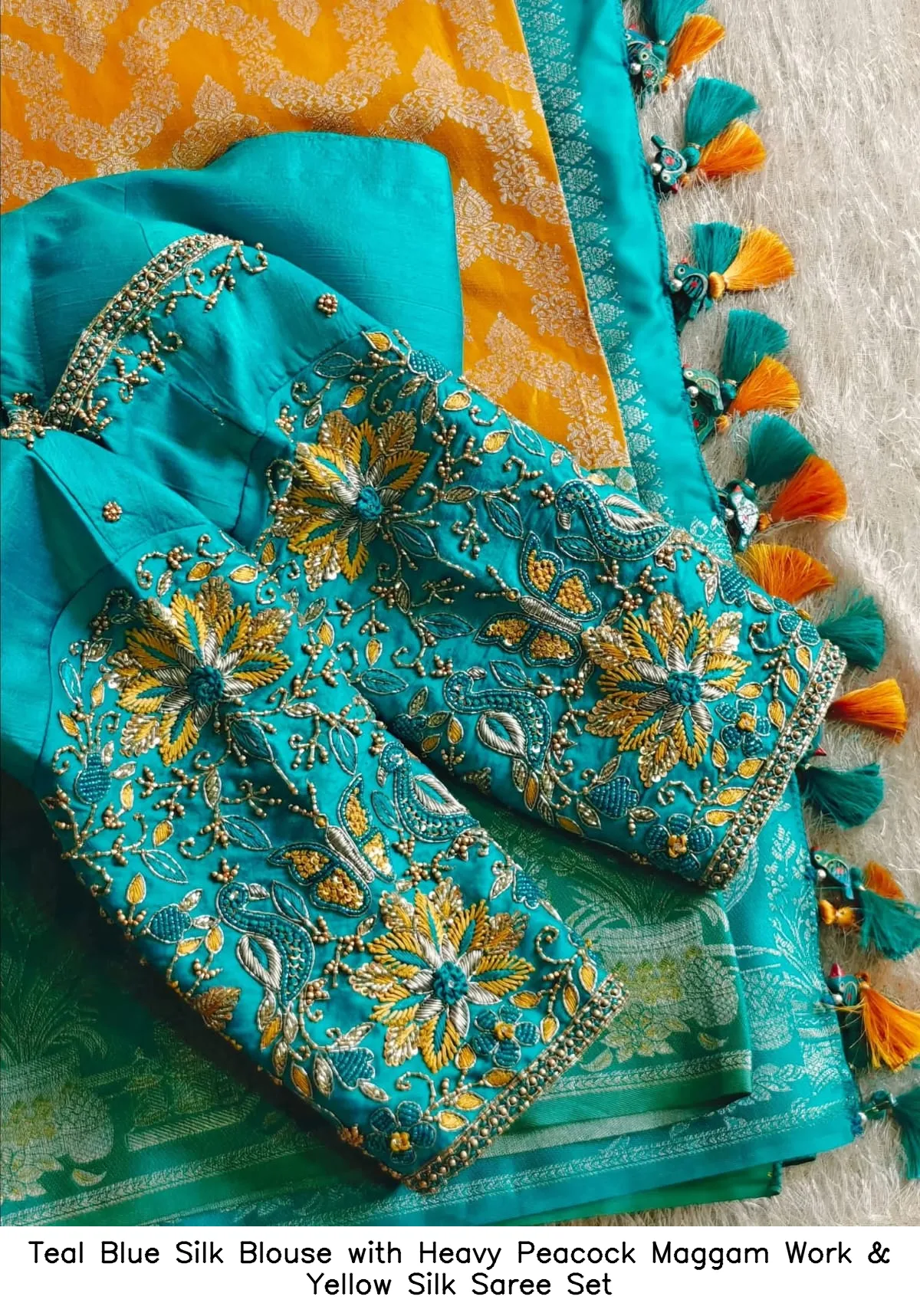 Teal Blue Silk Blouse with Heavy Peacock Maggam Work & Yellow Silk Saree Set