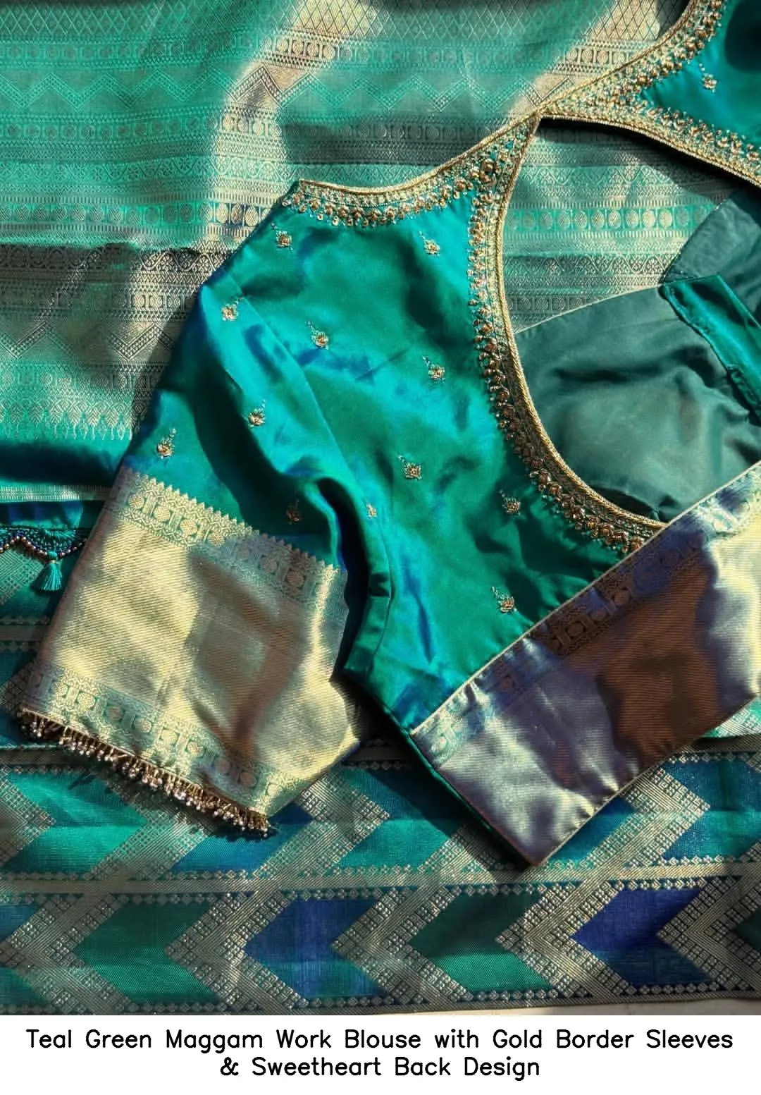 Teal Green Maggam Work Blouse with Gold Border Sleeves & Sweetheart Back Design