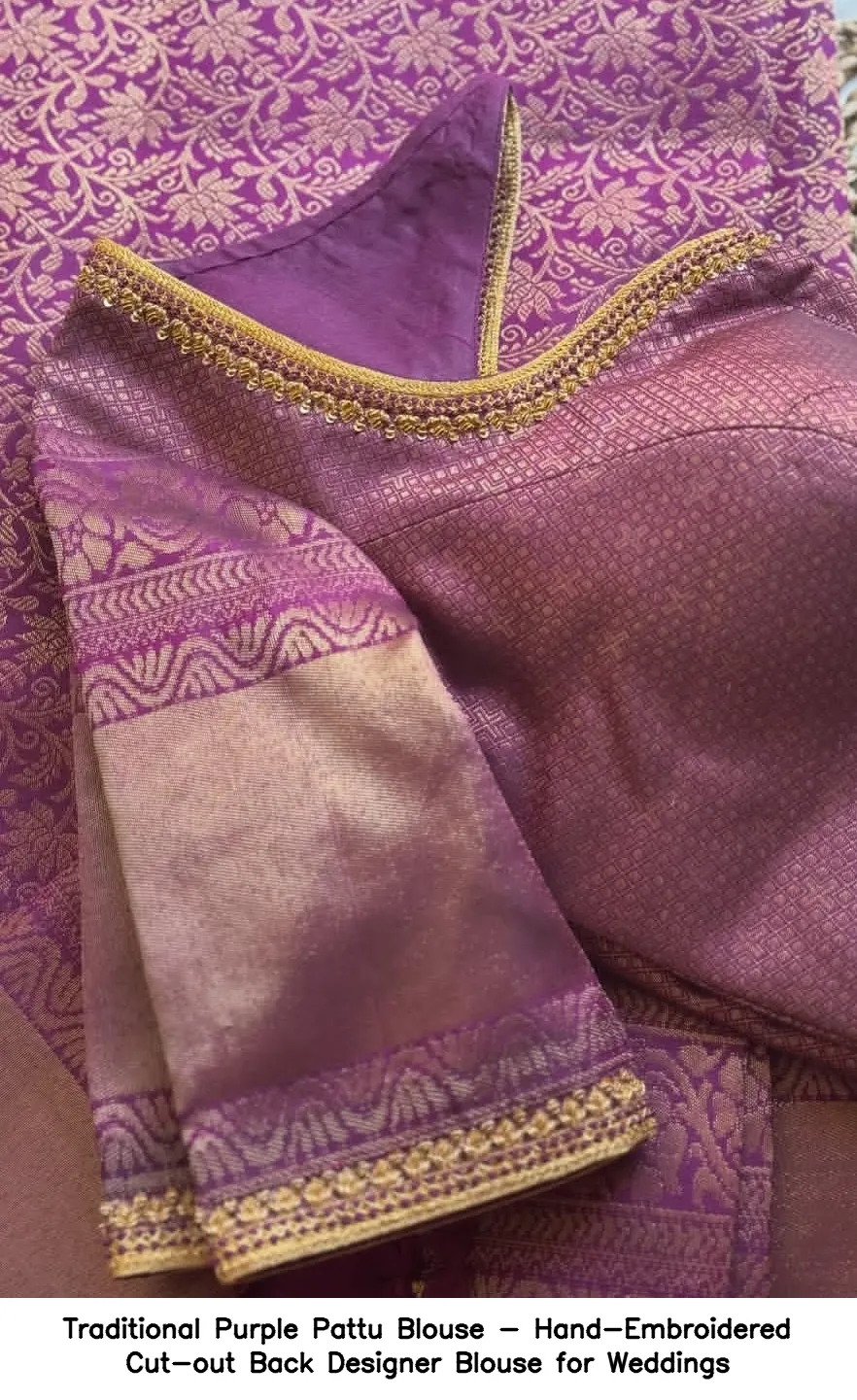 Traditional Purple Pattu Blouse - Hand-Embroidered Cut-out Back Designer Blouse for Weddings