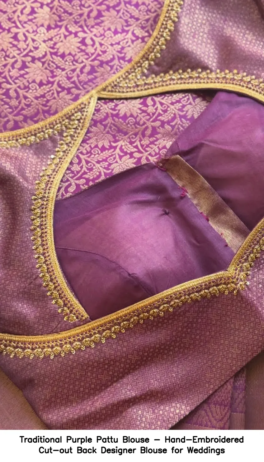 Traditional Purple Pattu Blouse - Hand-Embroidered Cut-out Back Designer Blouse for Weddings - Image 2