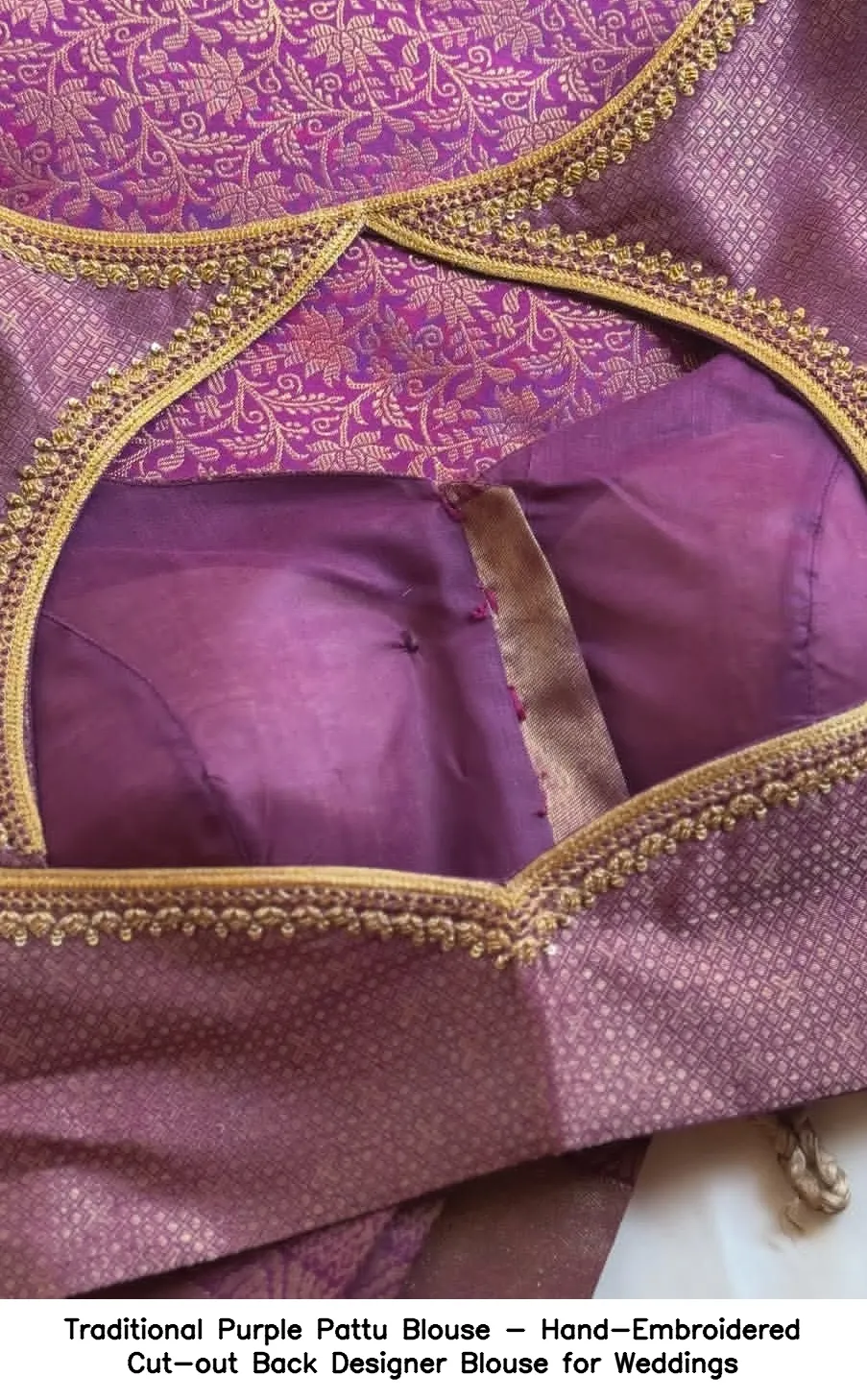 Traditional Purple Pattu Blouse - Hand-Embroidered Cut-out Back Designer Blouse for Weddings - Image 3