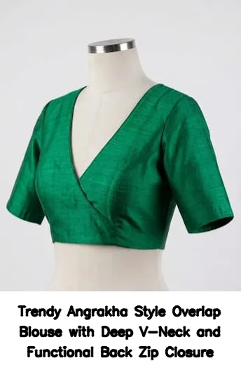 Trendy Angrakha Style Overlap Blouse with Deep V-Neck and Functional Back Zip Closure
