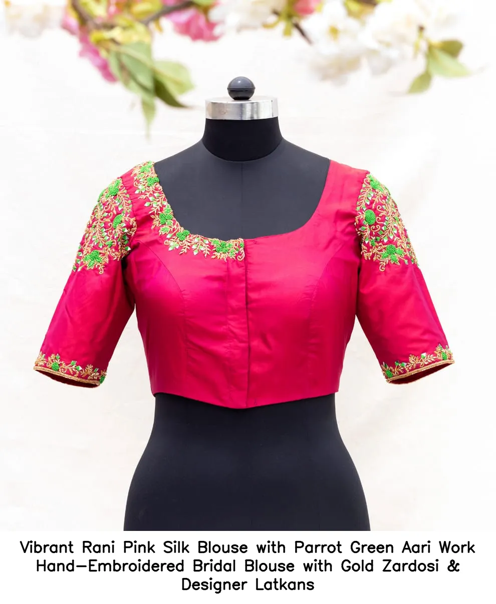 Vibrant Rani Pink Silk Blouse with Parrot Green Aari Work – Hand-Embroidered Bridal Blouse with Gold Zardosi & Designer Latkans - Image 2