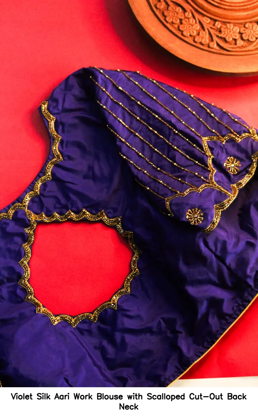 Violet Silk Aari Work Blouse with Scalloped Cut-Out Back Neck