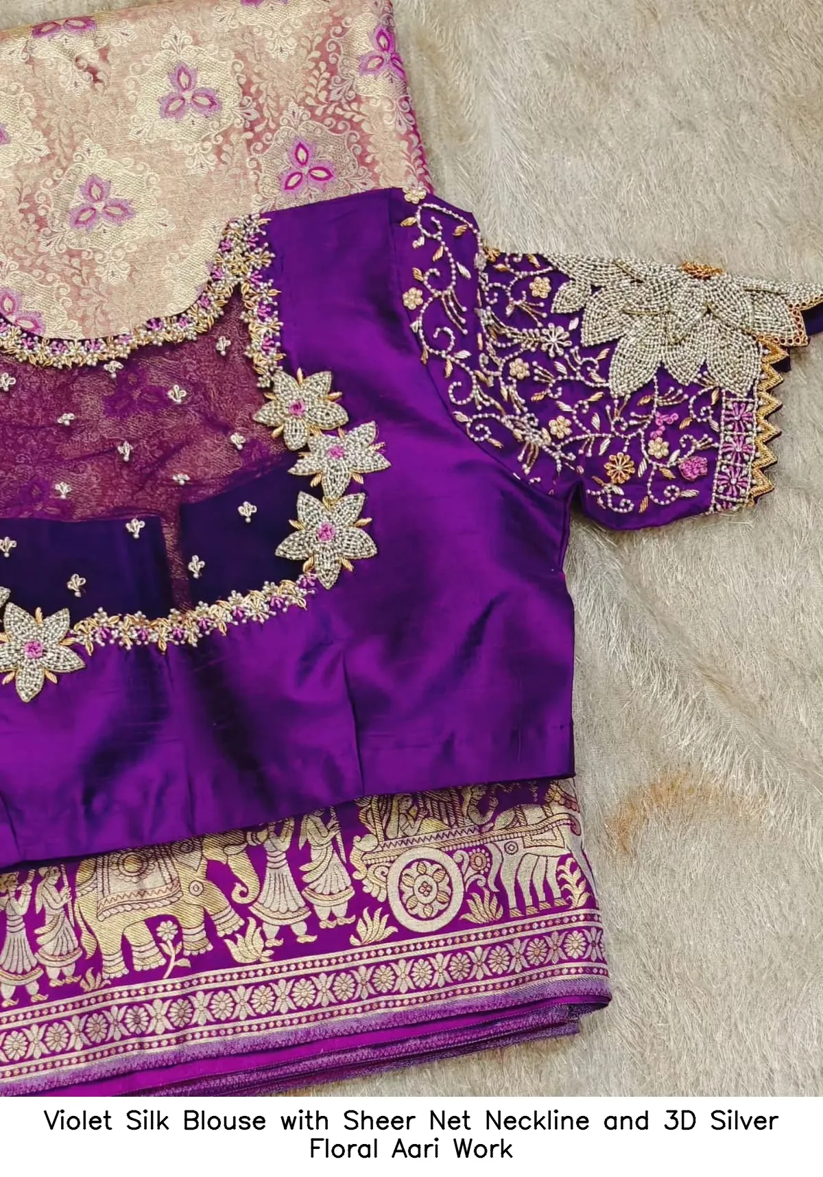 Violet Silk Blouse with Sheer Net Neckline and 3D Silver Floral Aari Work