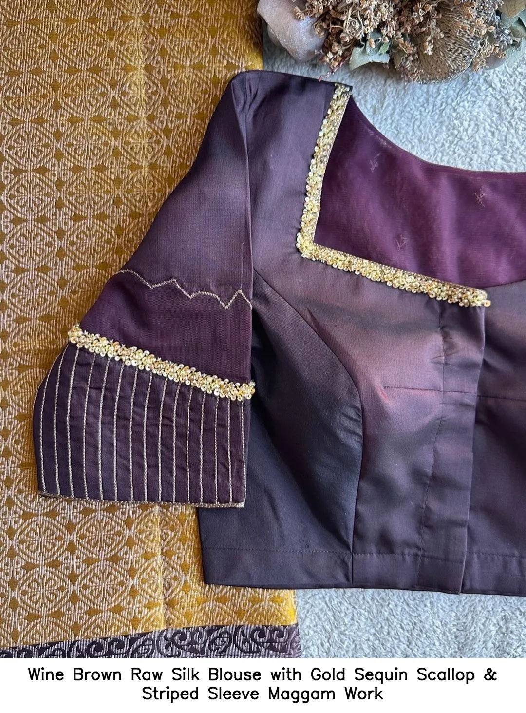 Wine Brown Raw Silk Blouse with Gold Sequin Scallop & Striped Sleeve Maggam Work