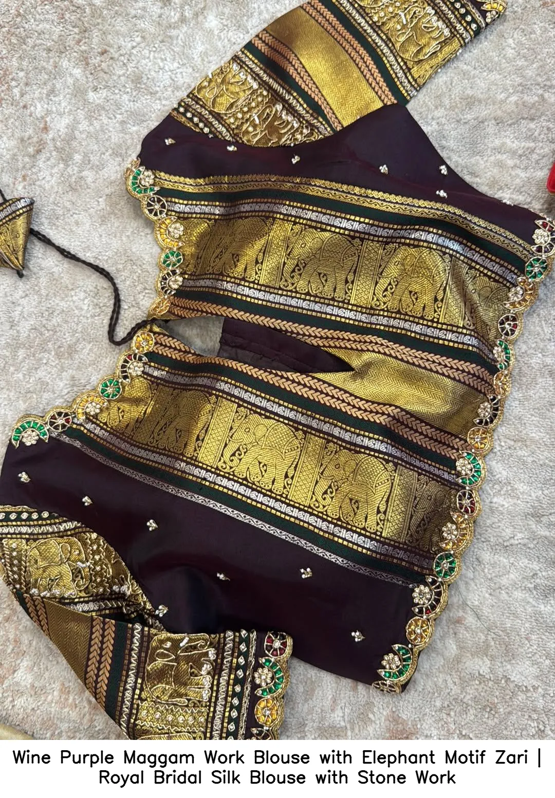 Wine Purple Maggam Work Blouse with Elephant Motif Zari | Royal Bridal Silk Blouse with Stone Work