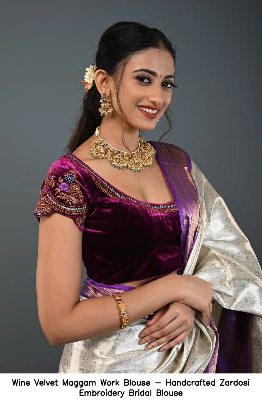 Wine Velvet Maggam Work Blouse - Handcrafted Zardosi Embroidery Bridal Blouse