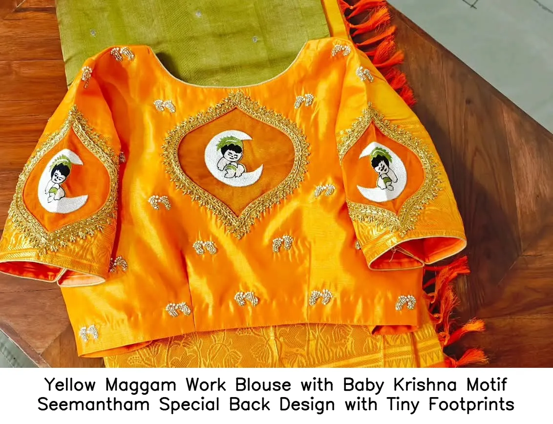 Yellow Maggam Work Blouse with Baby Krishna Motif – Seemantham Special Back Design with Tiny Footprints