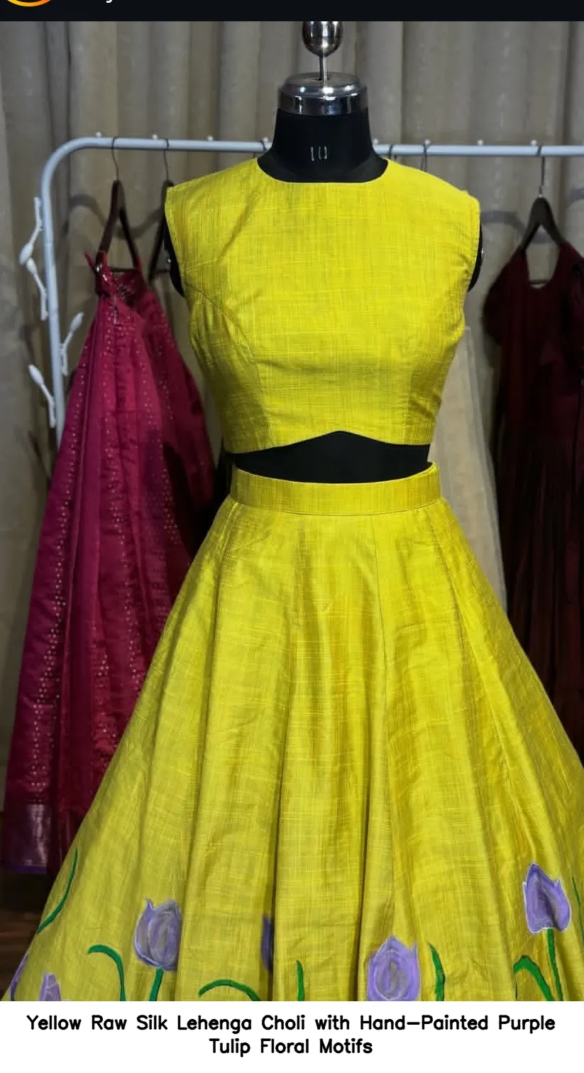 Yellow Raw Silk Lehenga Choli with Hand-Painted Purple Tulip Floral Motifs - Image 2