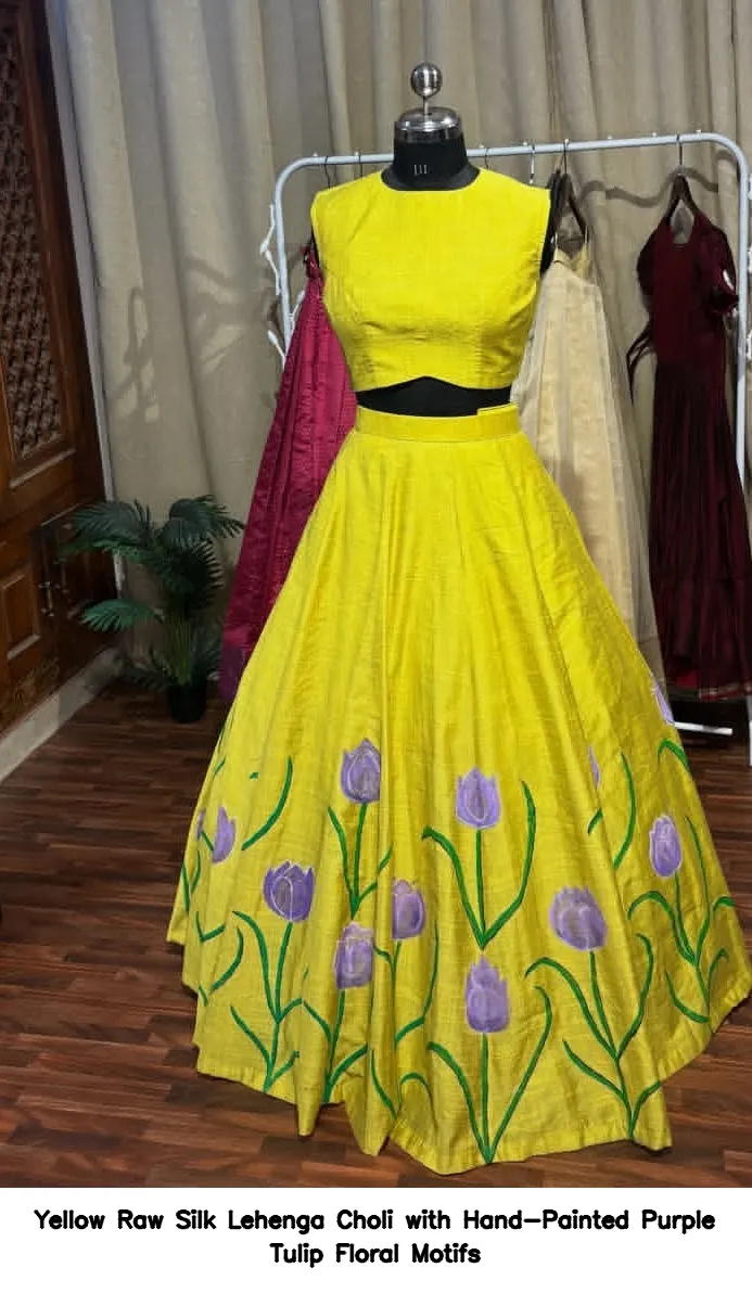 Yellow Raw Silk Lehenga Choli with Hand-Painted Purple Tulip Floral Motifs - Image 3
