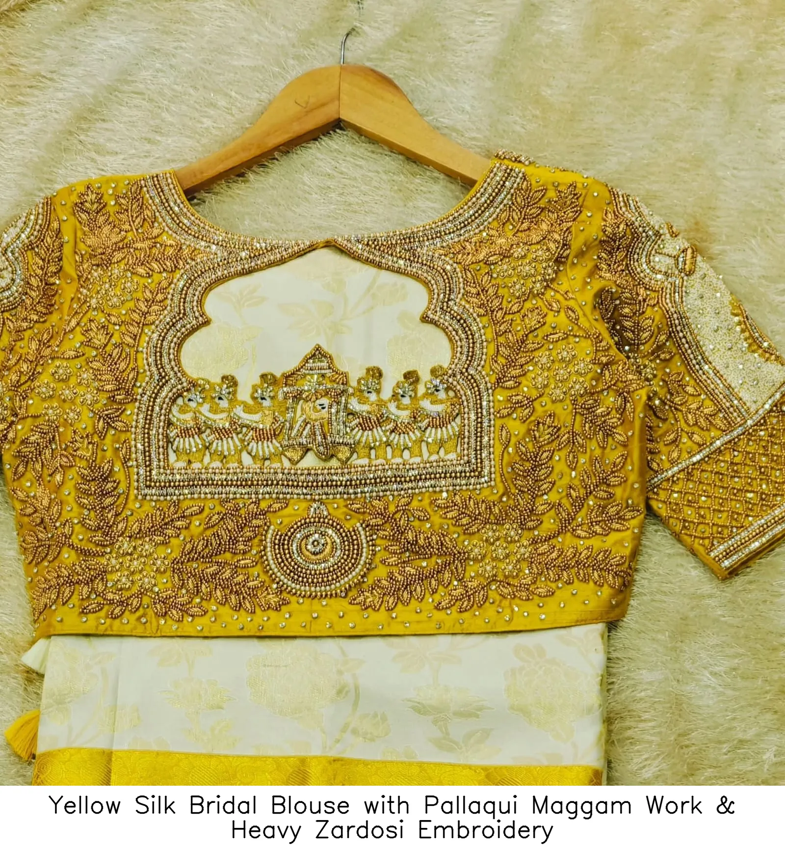 Yellow Silk Bridal Blouse with Pallaqui Maggam Work & Heavy Zardosi Embroidery