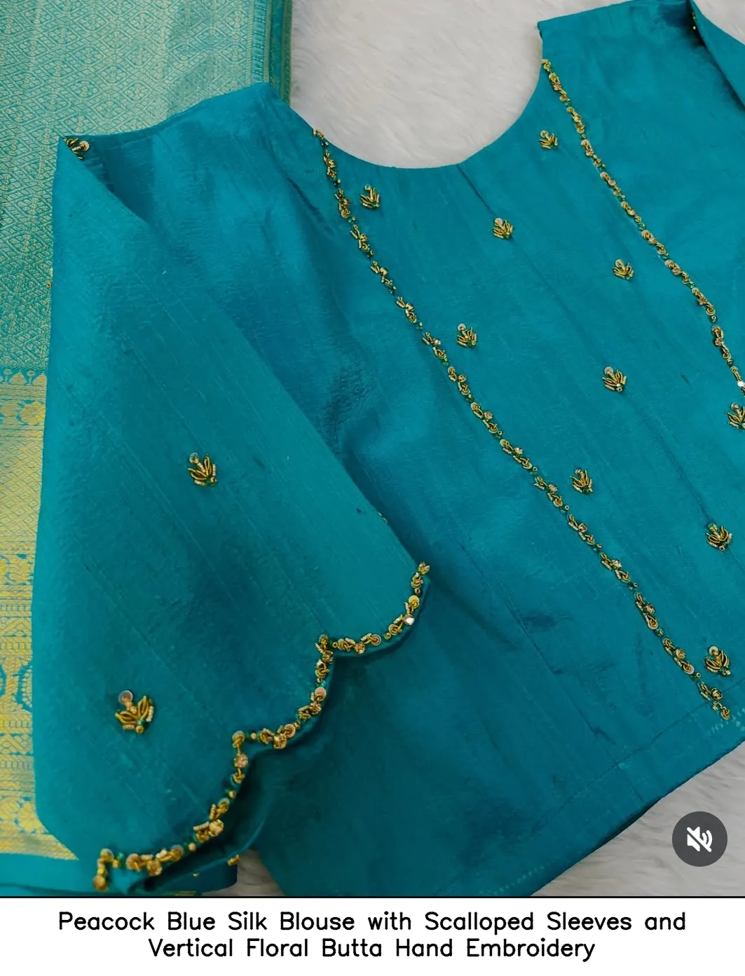 ​Peacock Blue Silk Blouse with Scalloped Sleeves and Vertical Floral Butta Hand Embroidery