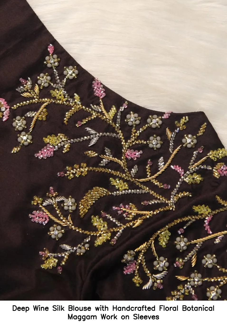 ​​​ Deep Wine Silk Blouse with Handcrafted Floral Botanical Maggam Work on Sleeves