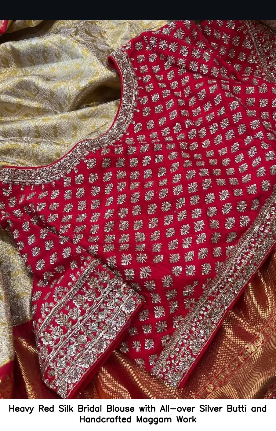 ​​​ Heavy Red Silk Bridal Blouse with All-over Silver Butti and Handcrafted Maggam Work