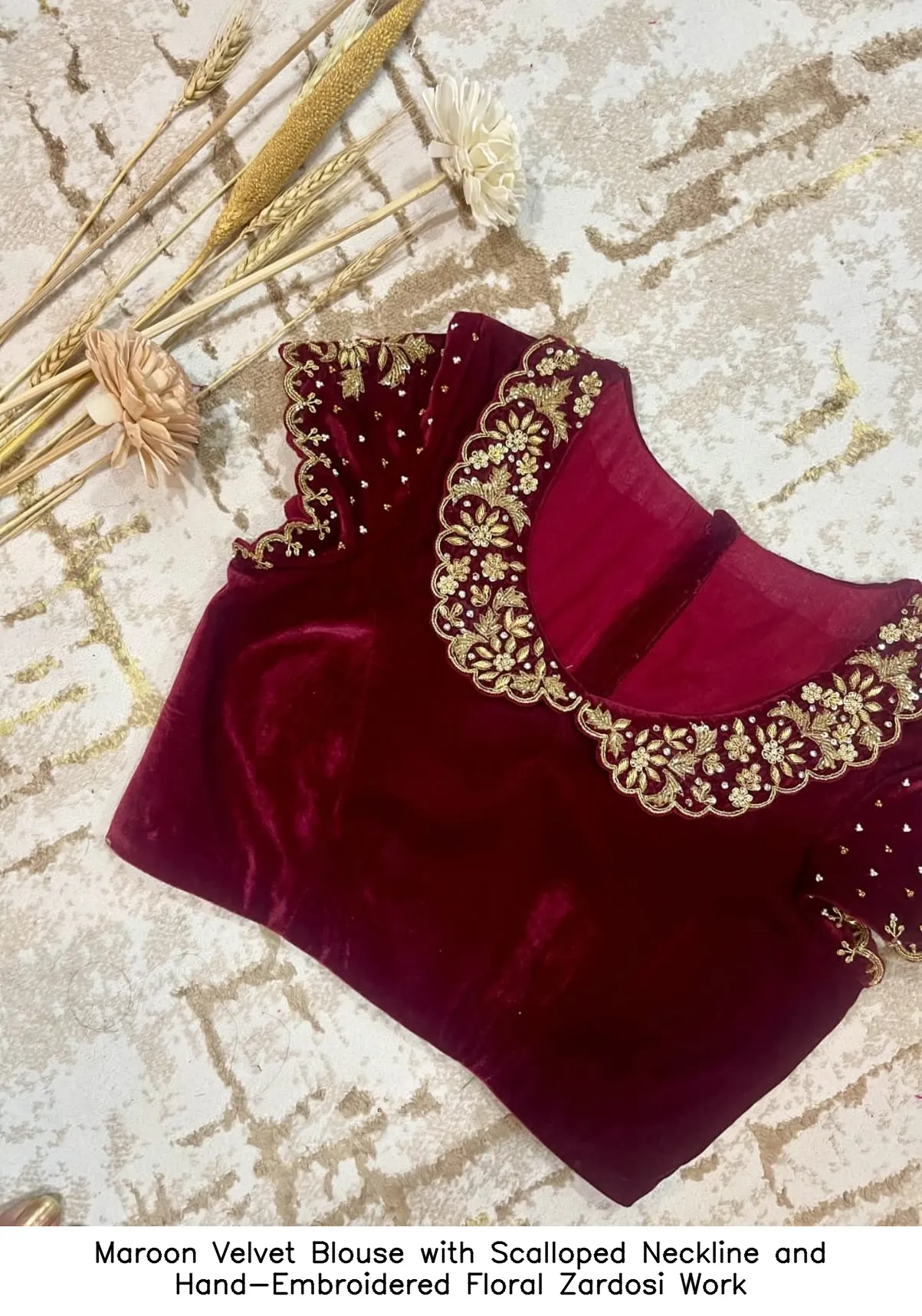 ​​​Maroon Velvet Blouse with Scalloped Neckline and Hand-Embroidered Floral Zardosi Work
