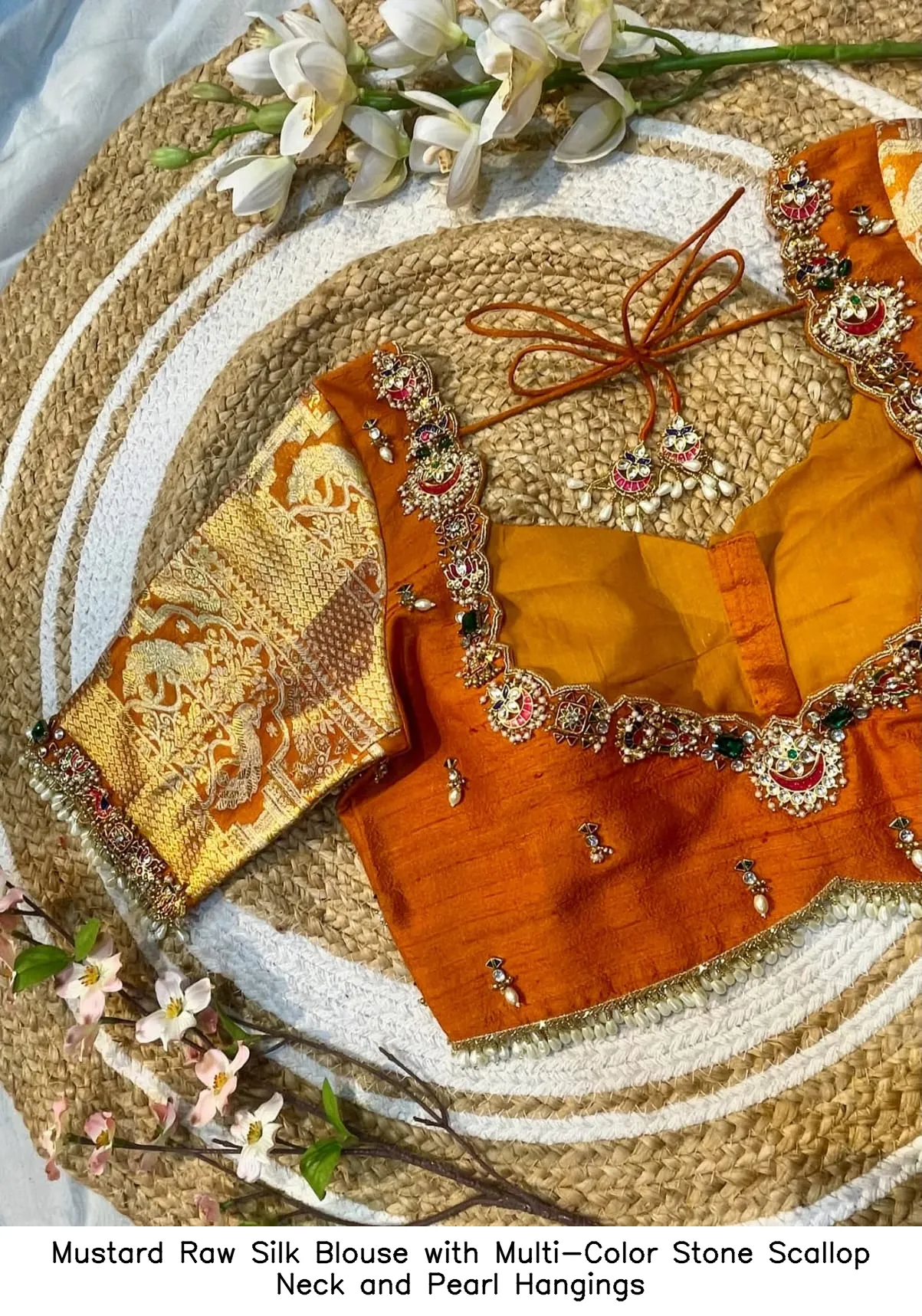 ​​​Mustard Raw Silk Blouse with Multi-Color Stone Scallop Neck and Pearl Hangings