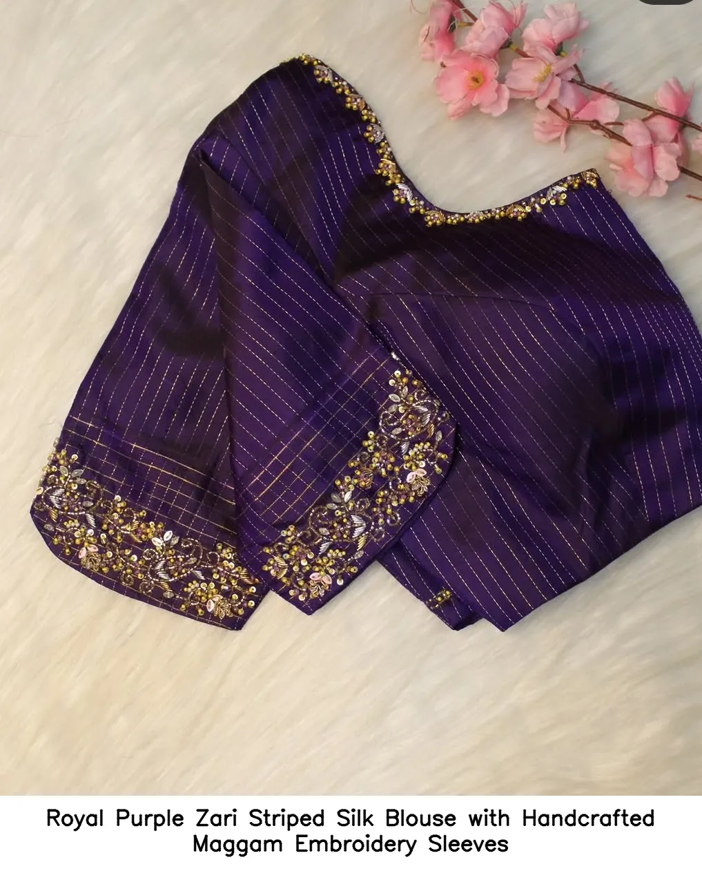 ​​​Royal Purple Zari Striped Silk Blouse with Handcrafted Maggam Embroidery Sleeves
