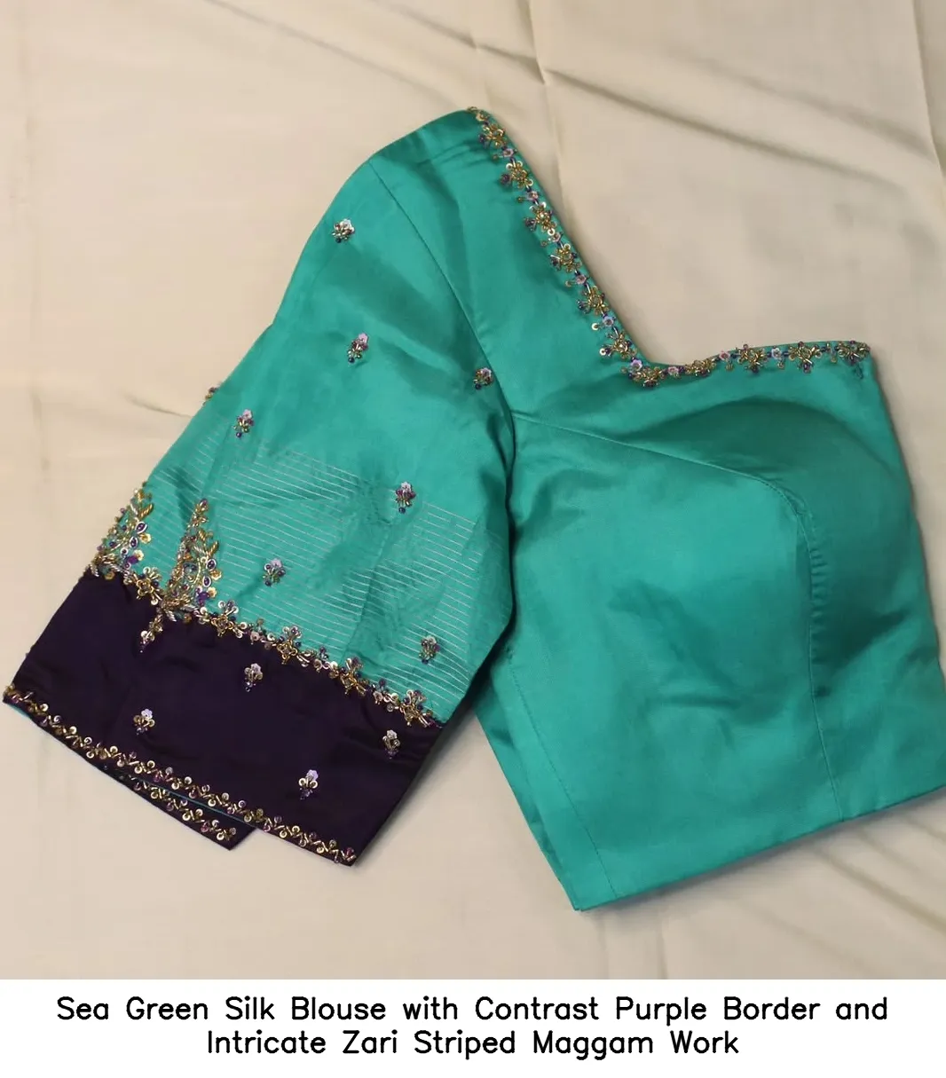 ​​​Sea Green Silk Blouse with Contrast Purple Border and Intricate Zari Striped Maggam Work