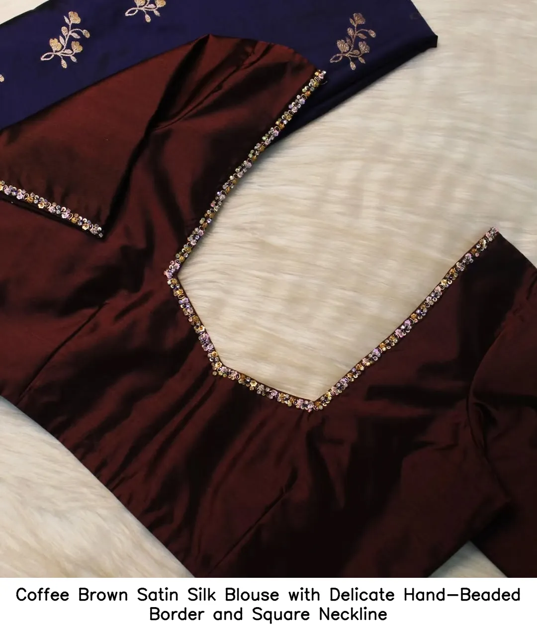 ​​​​Coffee Brown Satin Silk Blouse with Delicate Hand-Beaded Border and Square Neckline