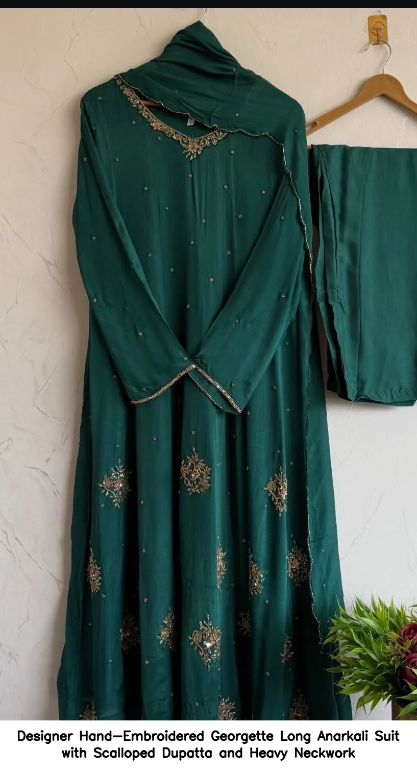 ​​​​Designer Hand-Embroidered Georgette Long Anarkali Suit with Scalloped Dupatta and Heavy Neckwork