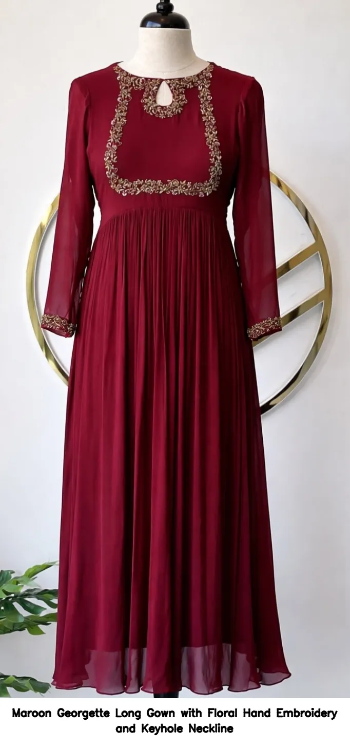 ​​​​Maroon Georgette Long Gown with Floral Hand Embroidery and Keyhole Neckline