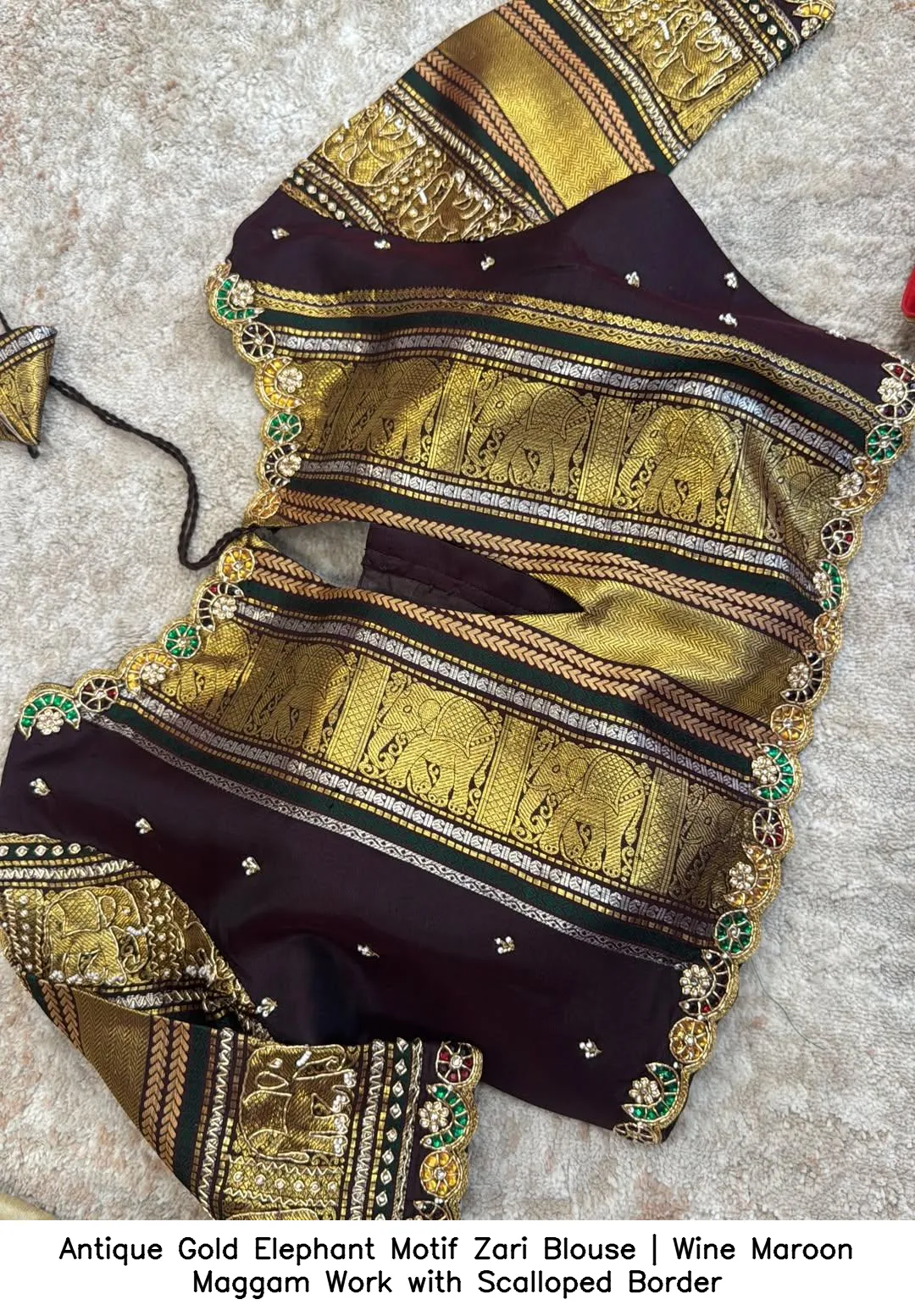 Antique Gold Elephant Motif Zari Blouse | Wine Maroon Maggam Work with Scalloped Border