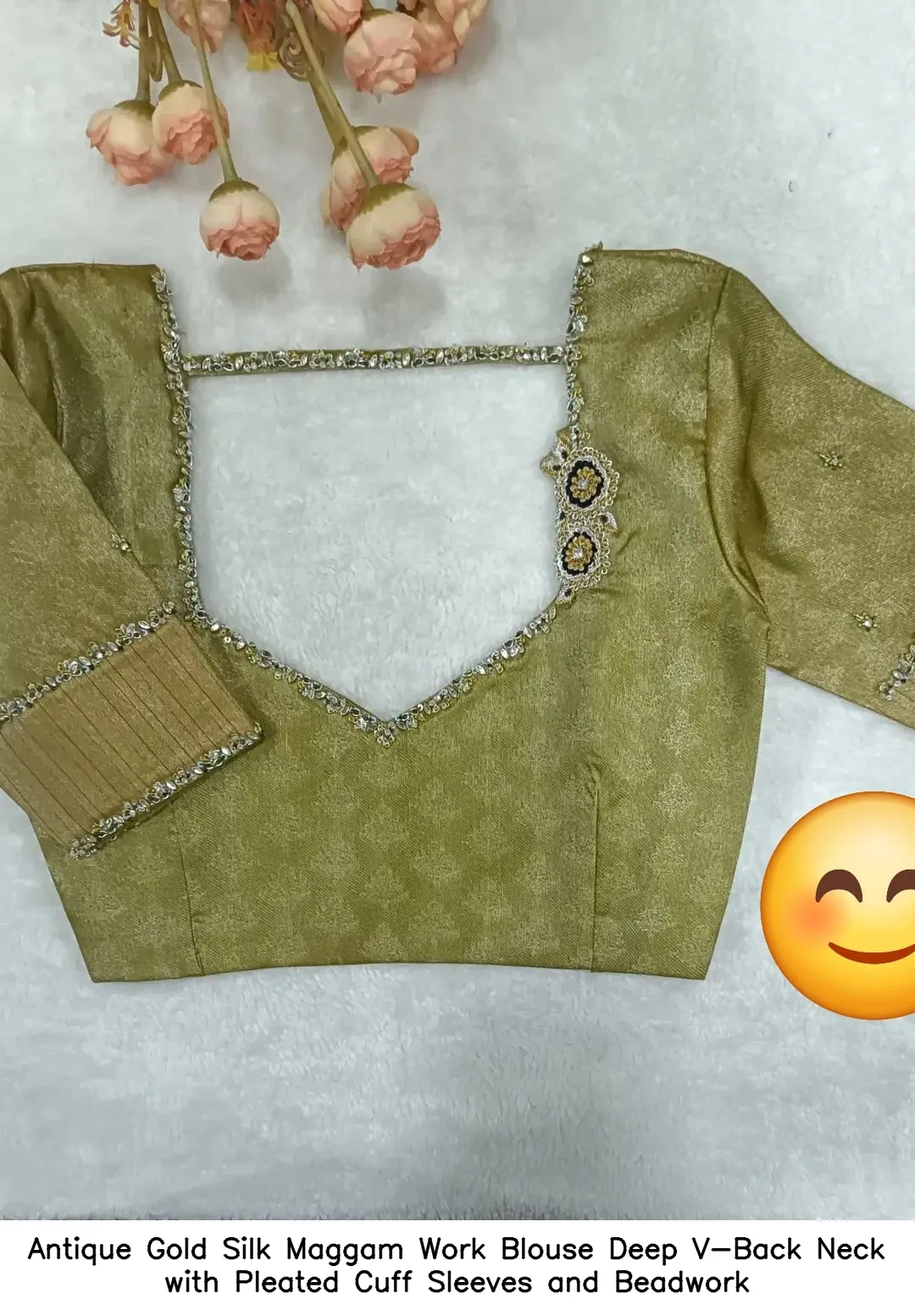 Antique Gold Silk Maggam Work Blouse – Deep V-Back Neck with Pleated Cuff Sleeves and Beadwork