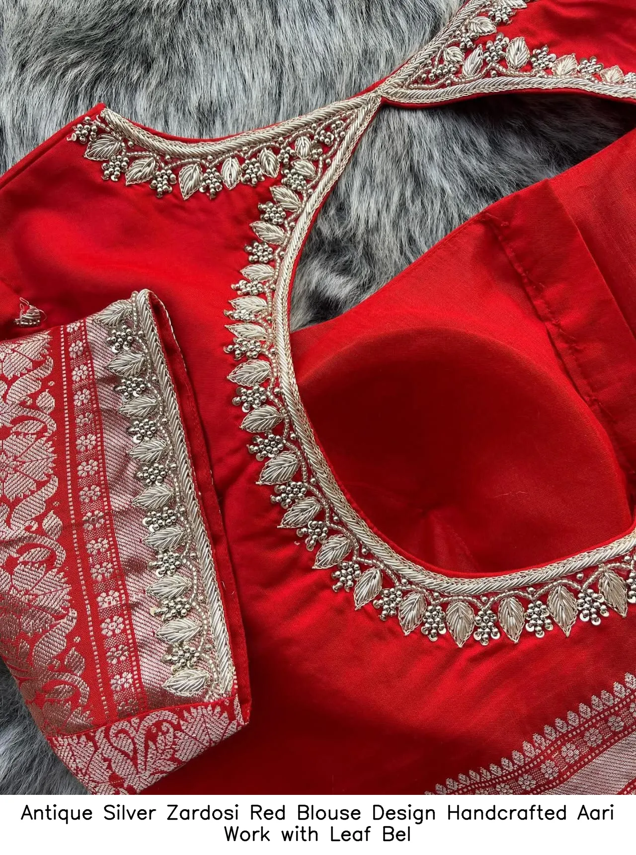 Antique Silver Zardosi Red Blouse Design – Handcrafted Aari Work with Leaf Bel