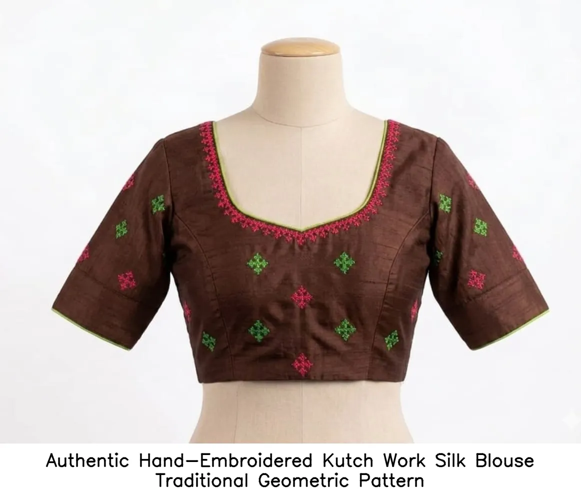 Authentic Hand-Embroidered Kutch Work Silk Blouse – Traditional Geometric Pattern